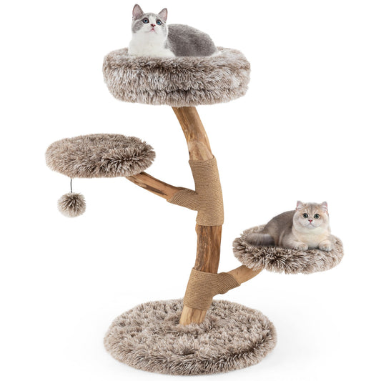 Cat Tree Solid Pear Wood with Perch and Natural Jute Scratching Posts-Brown - Tampa Home & Garden Store