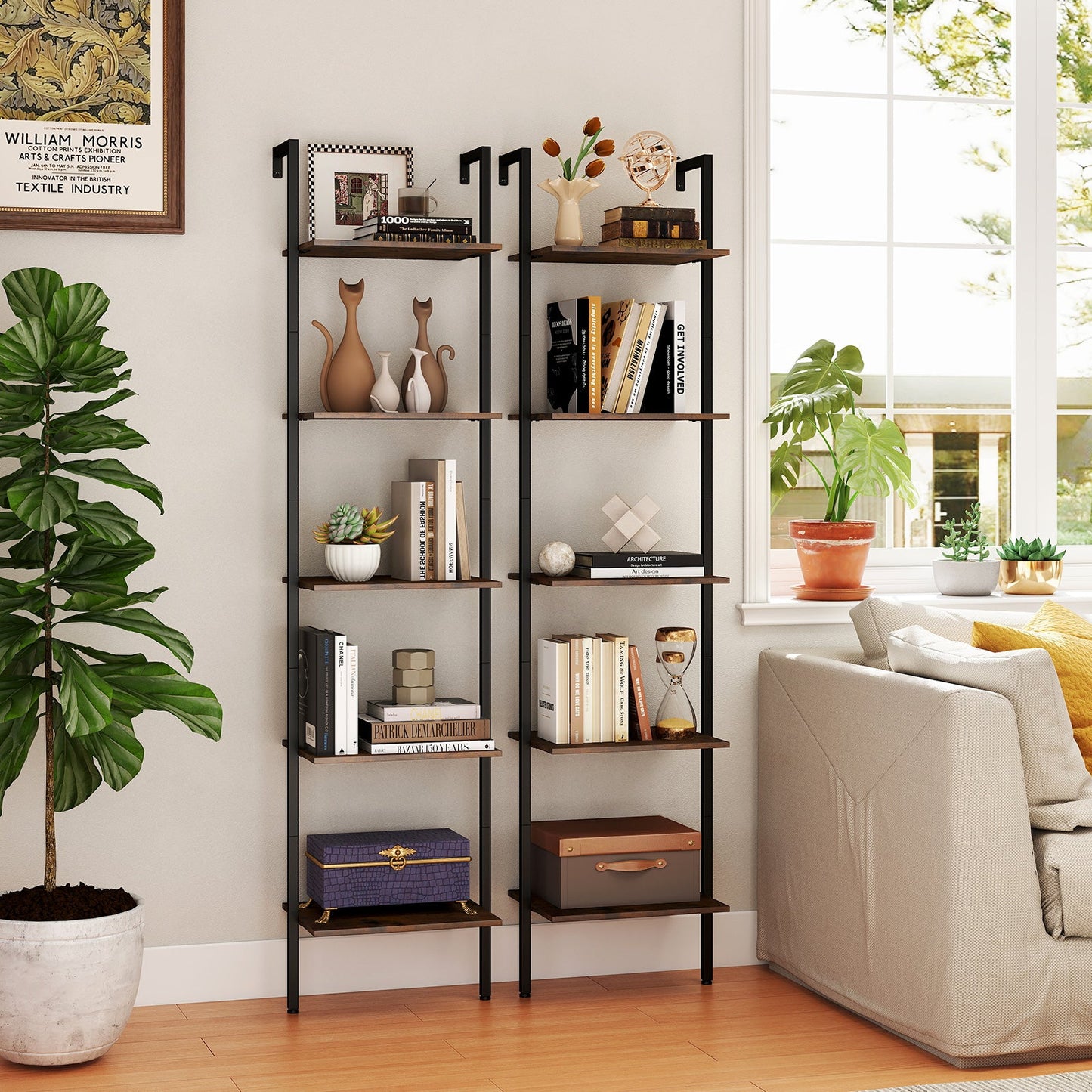 5 Tier Wall Mount Ladder Shelf with Anti-Tipping Kits for Home Office-Rustic Brown