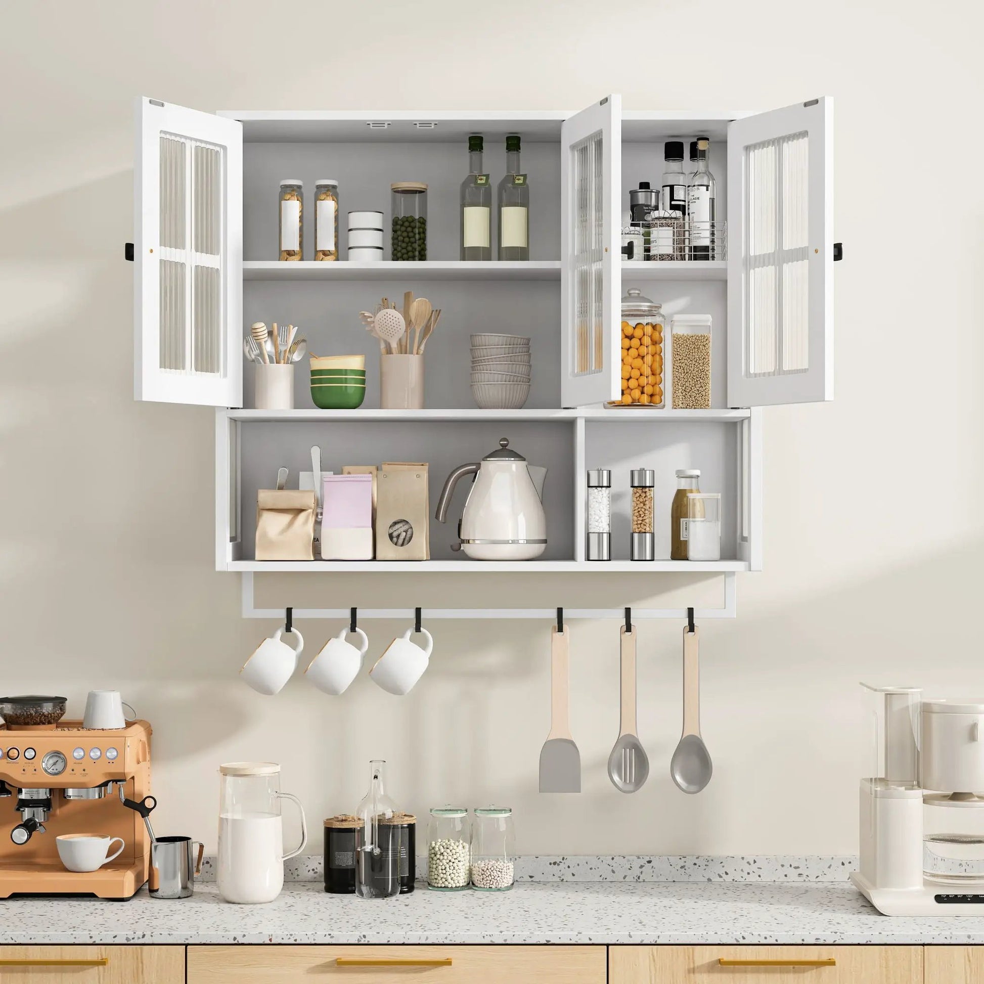 3 Door Wall Cabinet With Glass Door And Towel Bar white cabinet storing jars on Tampa Home & Garden Store