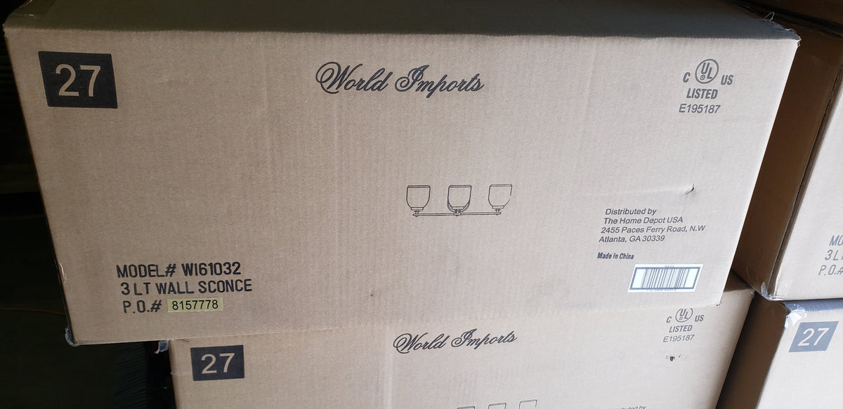 World Imports WI61032 3-light wall sconce box with schematic drawing on corrugated carton on Tampa Home & Garden Store