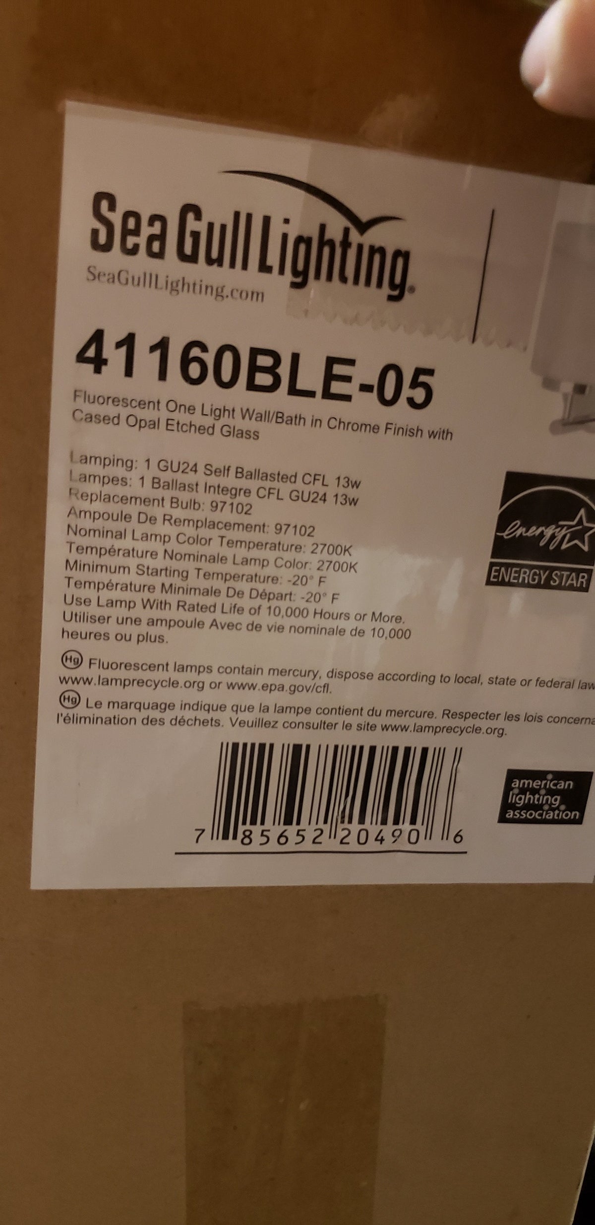 Sea Gull Lighting Oslo wall sconce chrome box label with model 41160BLE-05 and Energy Star logo on Tampa Home & Garden Store