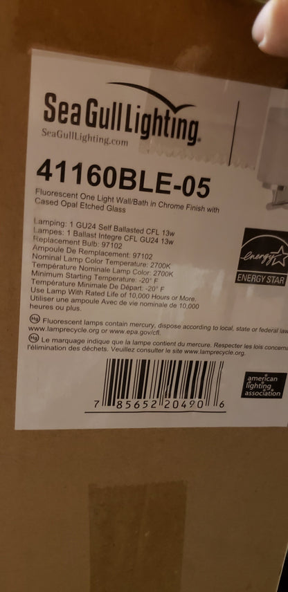 Sea Gull Lighting Oslo wall sconce chrome box label with model 41160BLE-05 and Energy Star logo on Tampa Home & Garden Store