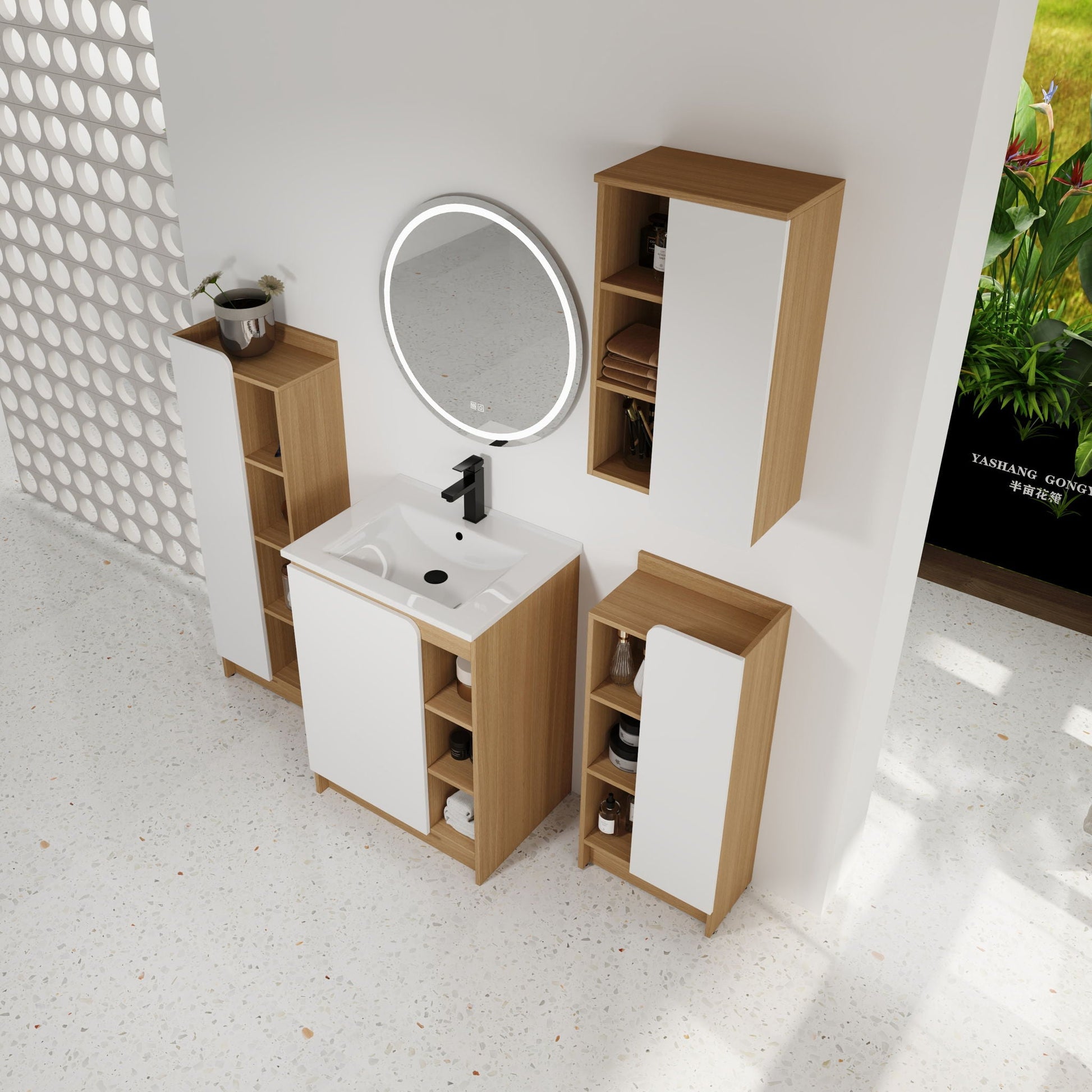 4 piece bathroom vanity set with sink, black faucet, light oak cabinet and LED mirror on Tampa Home & Garden Store