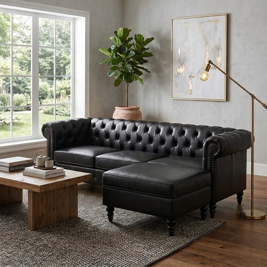 U-style 85-inch 4-seater L-shaped sectional sofa in black tufted leather with storage ottoman on Tampa Home & Garden Store