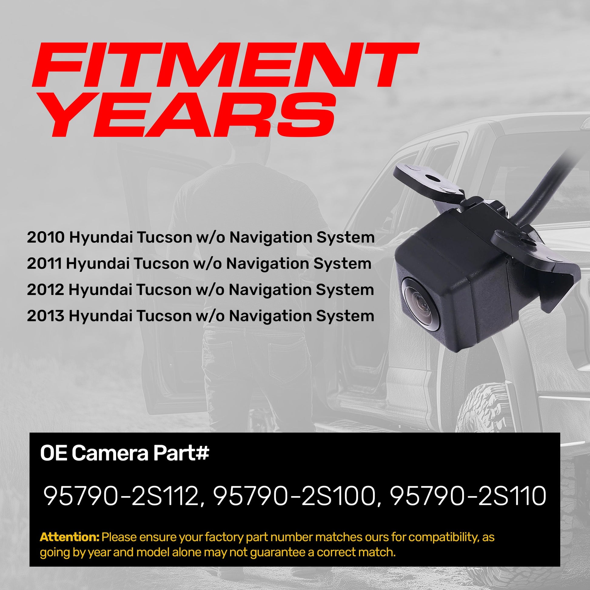 Master Tailgaters OEM backup camera for Hyundai Tucson 2010-2013 with FITMENT YEARS banner on Tampa Home & Garden Store