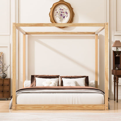 Wood canopy platform bed in light oak with airflow slats and exposed legs, brown bedding on Tampa Home & Garden Store