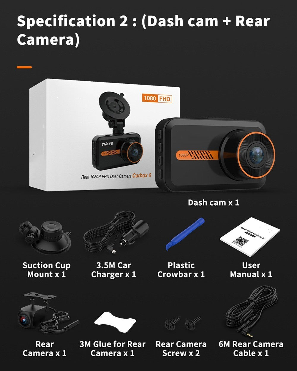 Dash Cam Front And Rear Car Camera 1080P FHD black with orange ring includes suction mount on Tampa Home & Garden Store