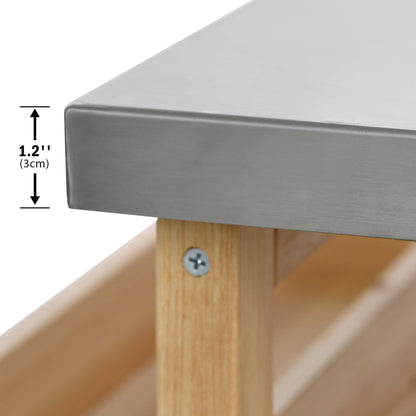 K&K Outdoor Kitchen Island stainless steel top with wood leg, corner detail and exposed screws on Tampa Home & Garden Store