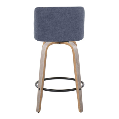 Toriano Contemporary counter stool with blue fabric upholstery and curved wood legs on Tampa Home & Garden Store