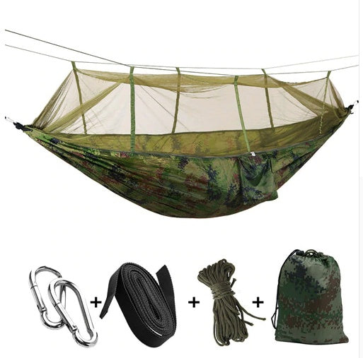 Army green parachute hammock with mosquito net and accessories: carabiners, straps, rope, bag on Tampa Home & Garden Store
