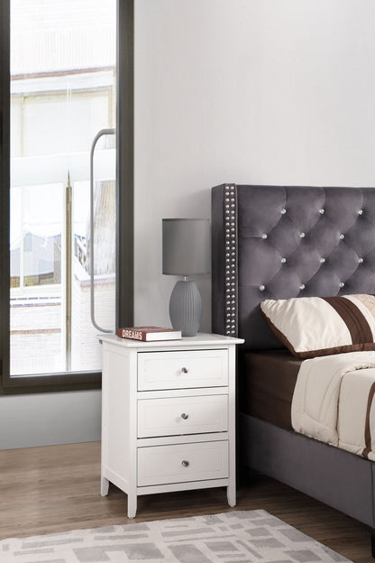 3 Drawer Nightstand in white wood veneer with metal knobs; lamp and book on top on Tampa Home & Garden Store