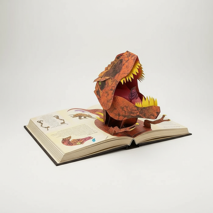 3D Dinosaur Pop-Up Book Moktan Sabai, a print book with a paper dinosaur pop-up on open pages on Tampa Home & Garden Store