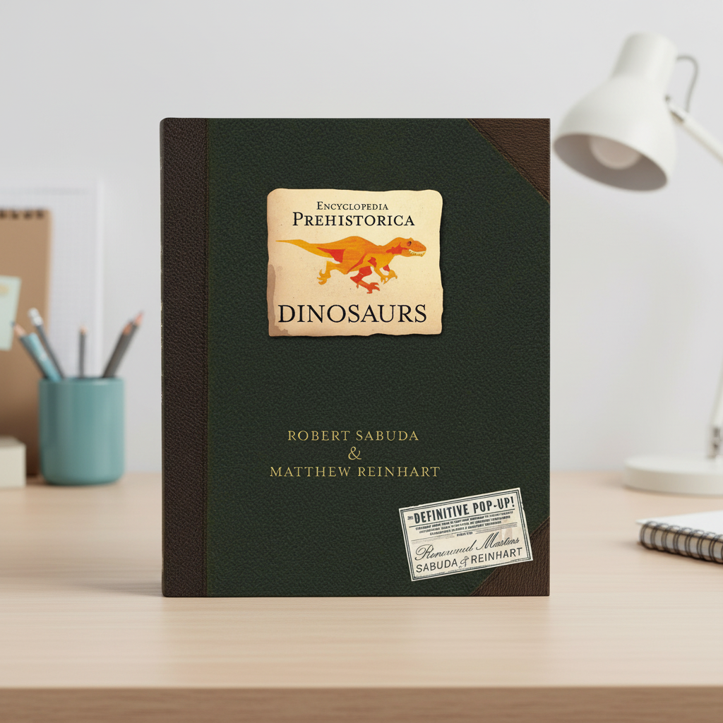 3D Dinosaur Pop-Up Book green faux-leather hardcover with brown spine; DINOSAURS label Moktan Sabai on front on Tampa Home & Garden Store