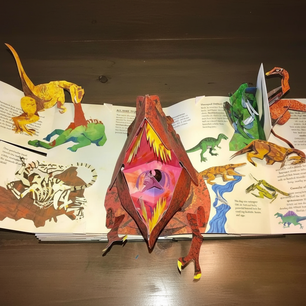 3D Dinosaur Pop-Up Book Moktan Sabai, red pop-up centerpiece with dinosaurs on pages on Tampa Home & Garden Store