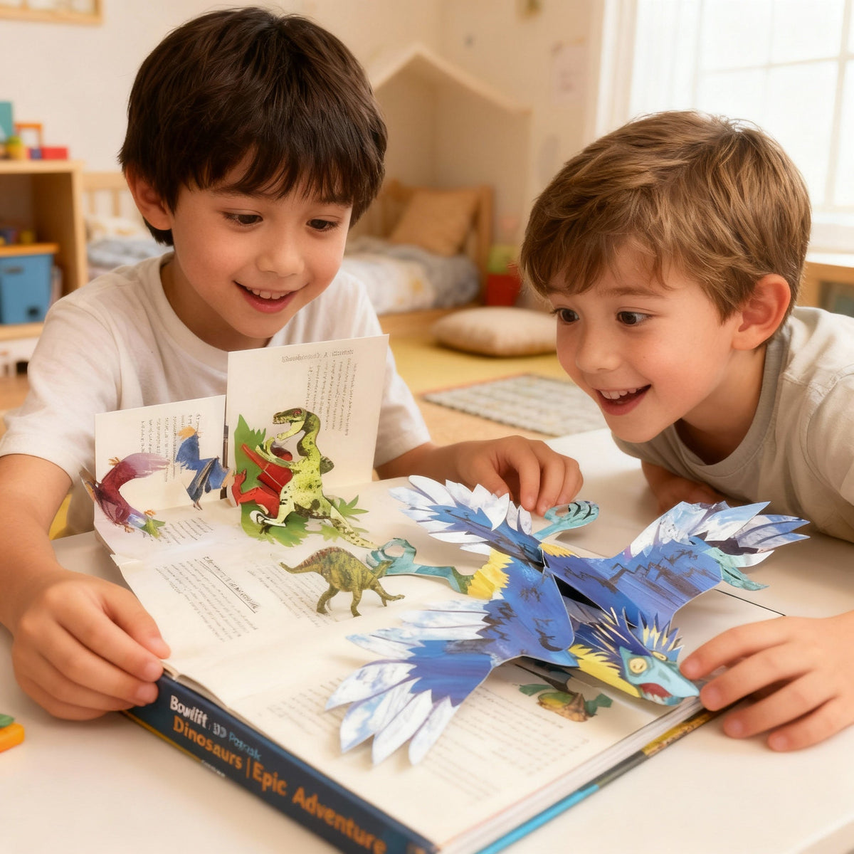 3D Dinosaur Pop-Up Book Moktan Sabai, colorful dinosaur pop-ups with two kids reading on Tampa Home & Garden Store