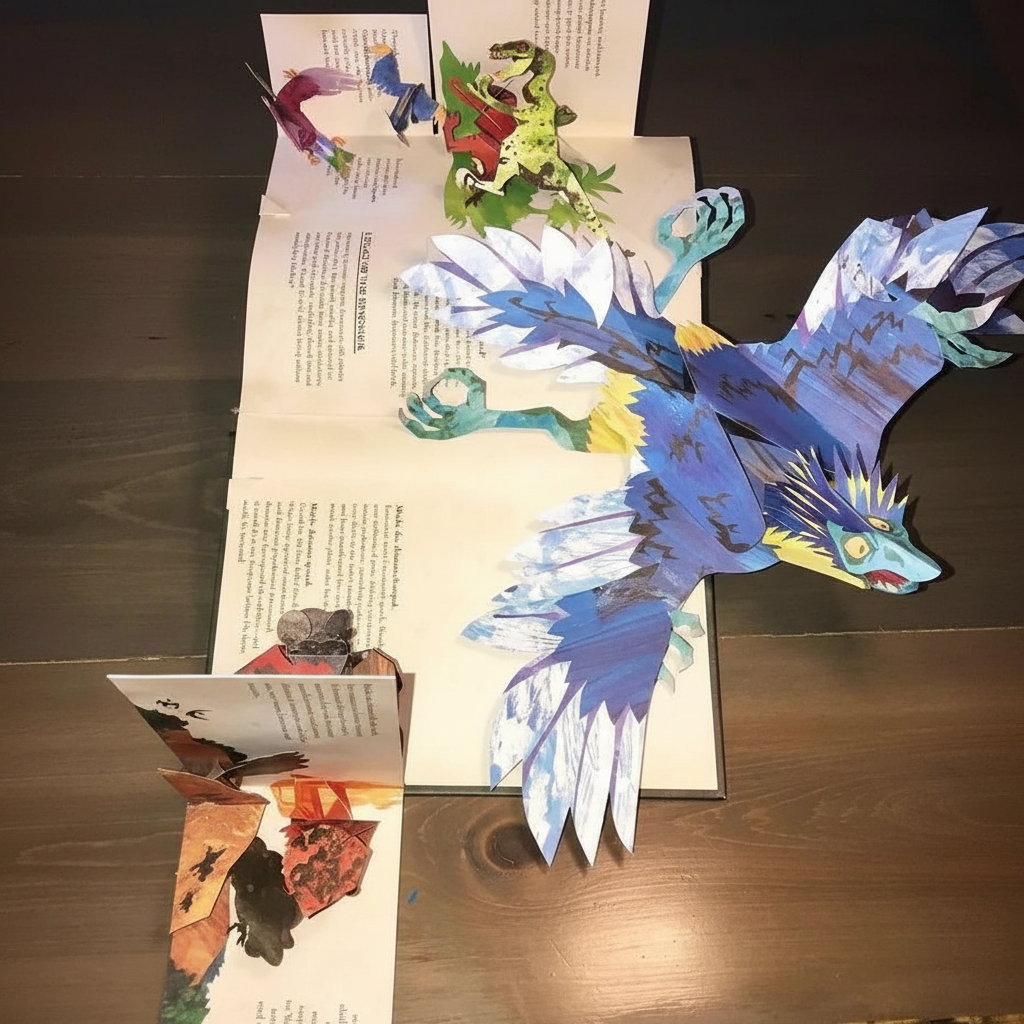 3D Dinosaur Pop-Up Book, Moktan Sabai edition, blue and green dinosaurs spring from pages on Tampa Home & Garden Store