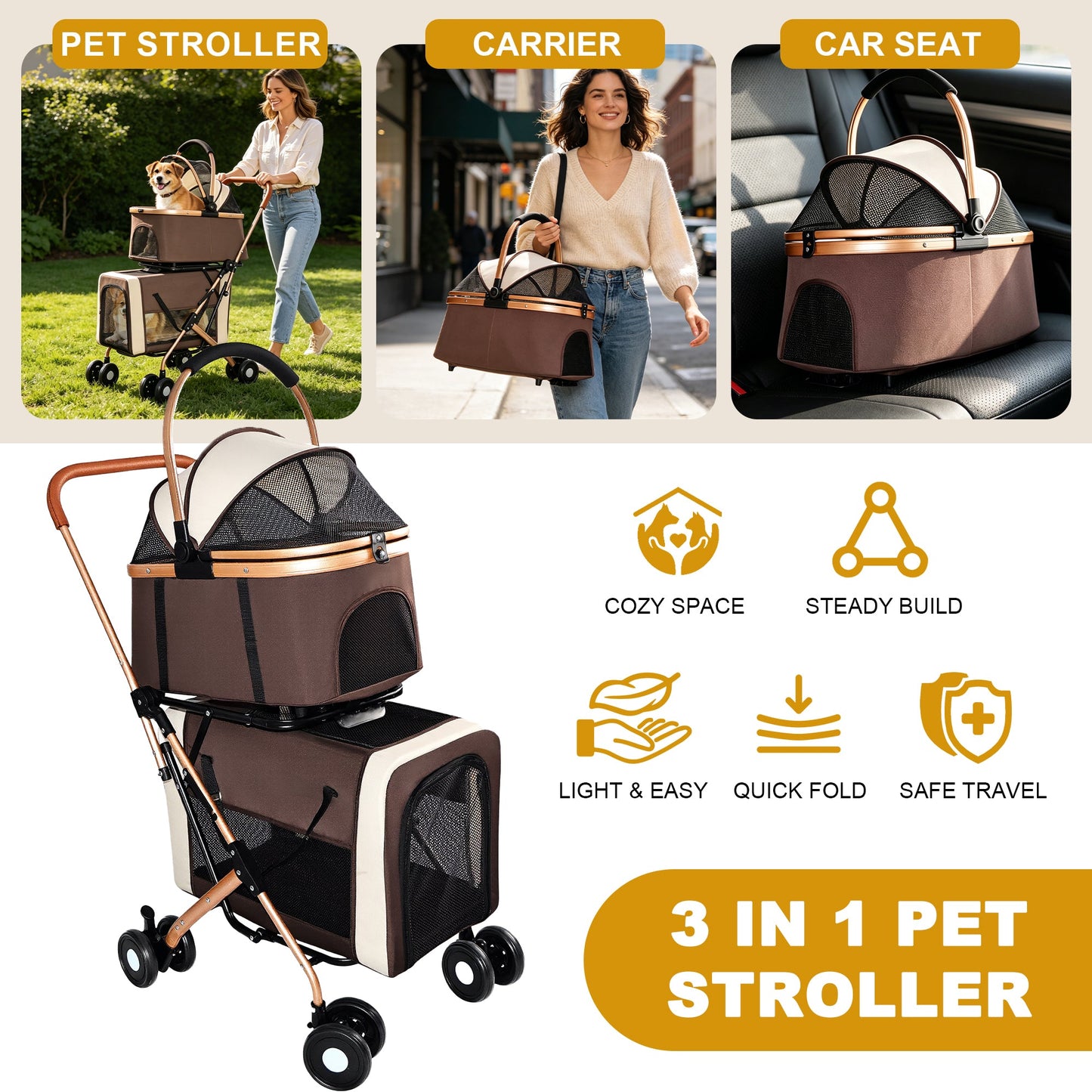 Double Pet Stroller for Dogs and Cats by HouseOfZazla in brown with copper frame and mesh on Tampa Home & Garden Store