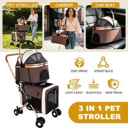 Double Pet Stroller for Dogs and Cats by HouseOfZazla in brown with copper frame and mesh on Tampa Home & Garden Store