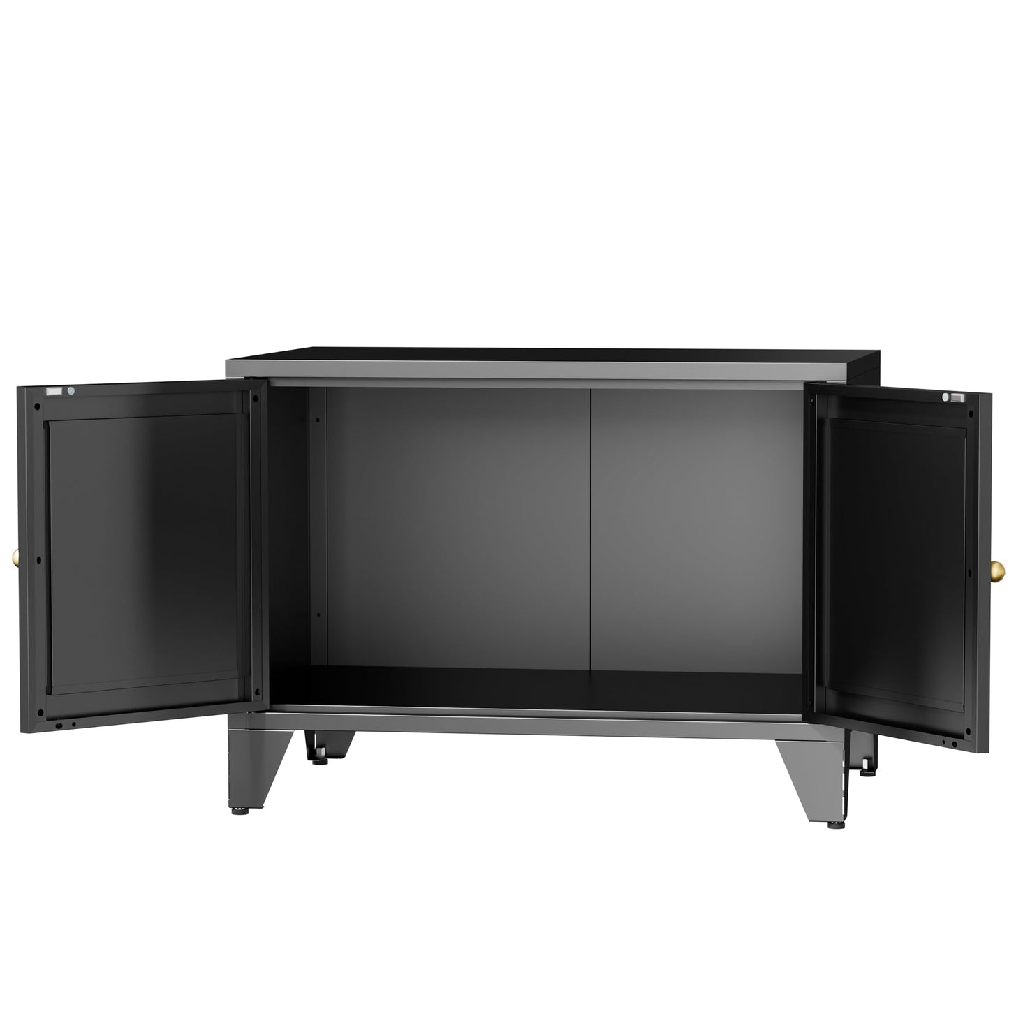 Metal Cat Litter Box Enclosure by HouseOfZazla, black steel cabinet with open double doors on Tampa Home & Garden Store