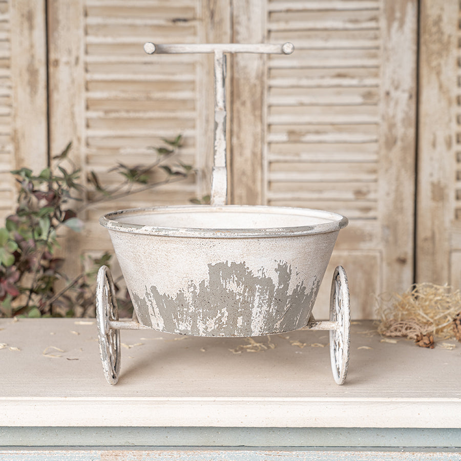 Rustic Bicycle Metal Wire Wall Planter Basket distressed white finish on metal wheeled cart on Tampa Home & Garden Store