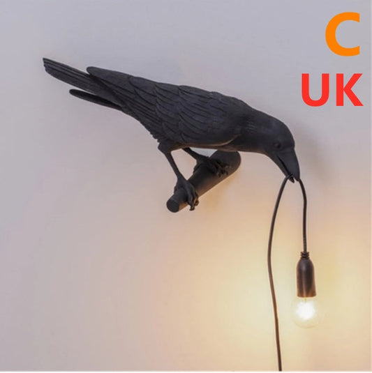 Creative Auspicious Bird Resin Wall Lamp, black raven-style wall light with hanging bulb on Tampa Home & Garden Store