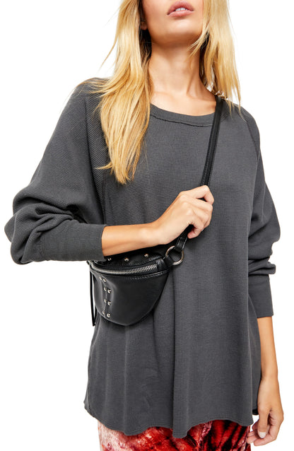 Free People Amelia Split-Back Thermal Top, dark gray waffle knit, oversized shirt on Tampa Home & Garden Store