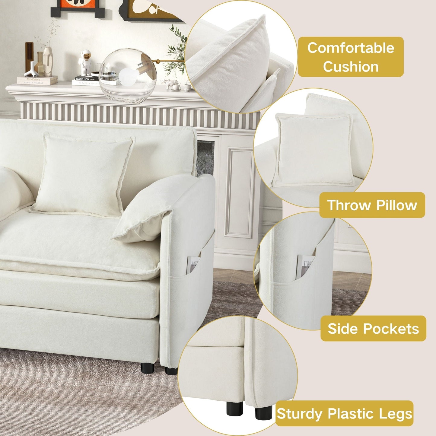 Modern Comfy Deep Seat Modular Sectional Sofa Cloud Couch cream fabric with ottoman, pockets on Tampa Home & Garden Store