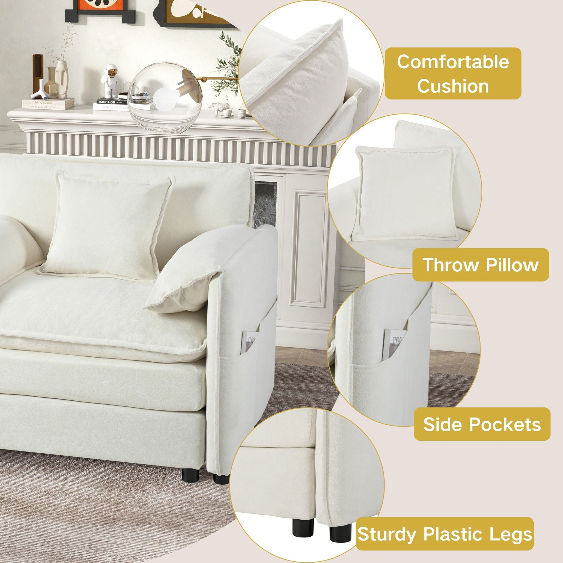 Modern Comfy Deep Seat Modular Sectional Sofa Cloud Couch cream fabric with ottoman, pockets on Tampa Home & Garden Store