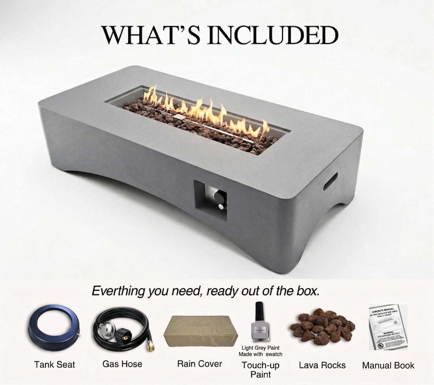 56' Propane Fire Pit Table rectangular gray outdoor gas fire pit with lava rocks by HouseOfZazla on Tampa Home & Garden Store