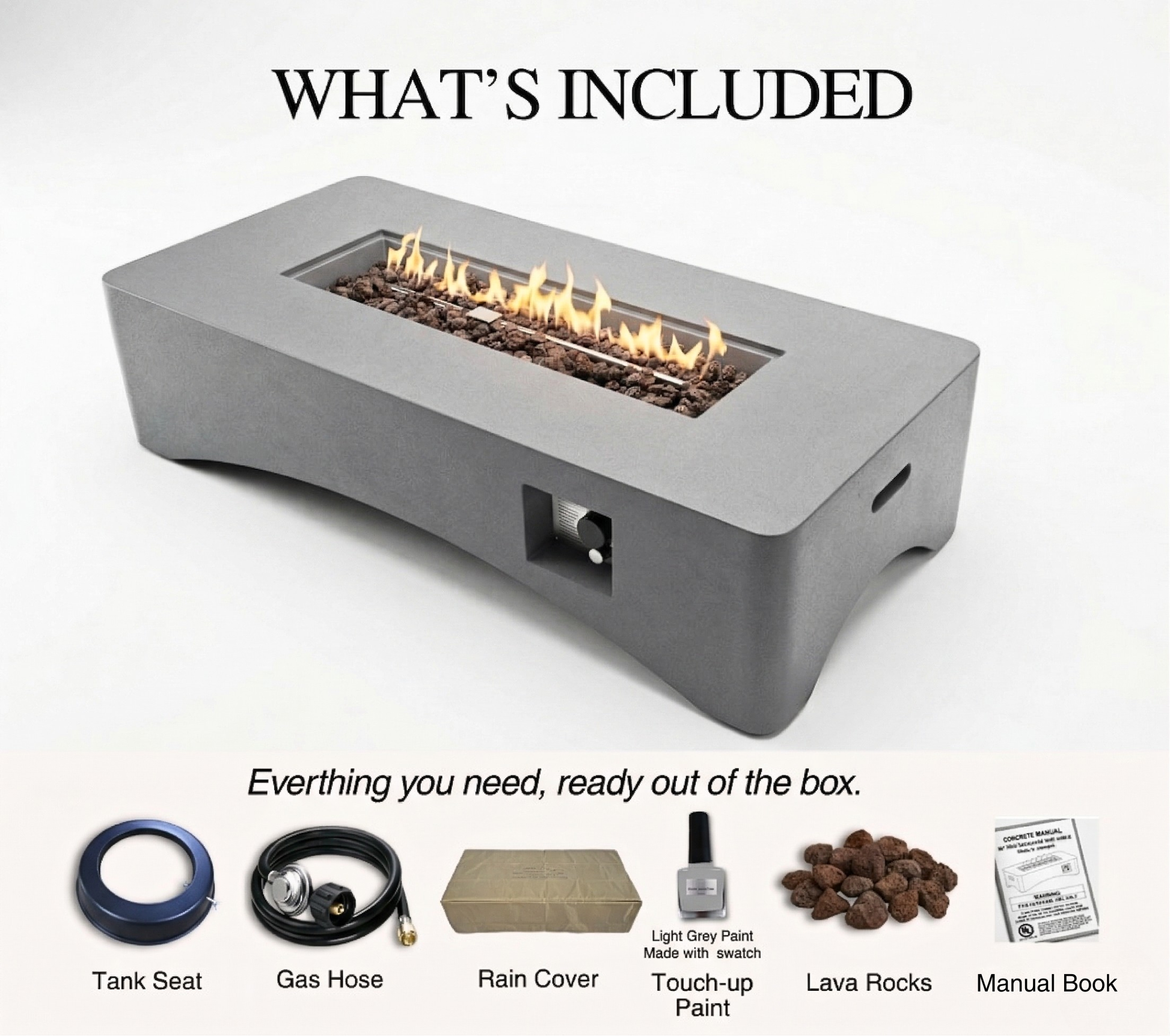 56' Propane Fire Pit Table rectangular gray outdoor gas fire pit with lava rocks by HouseOfZazla on Tampa Home & Garden Store