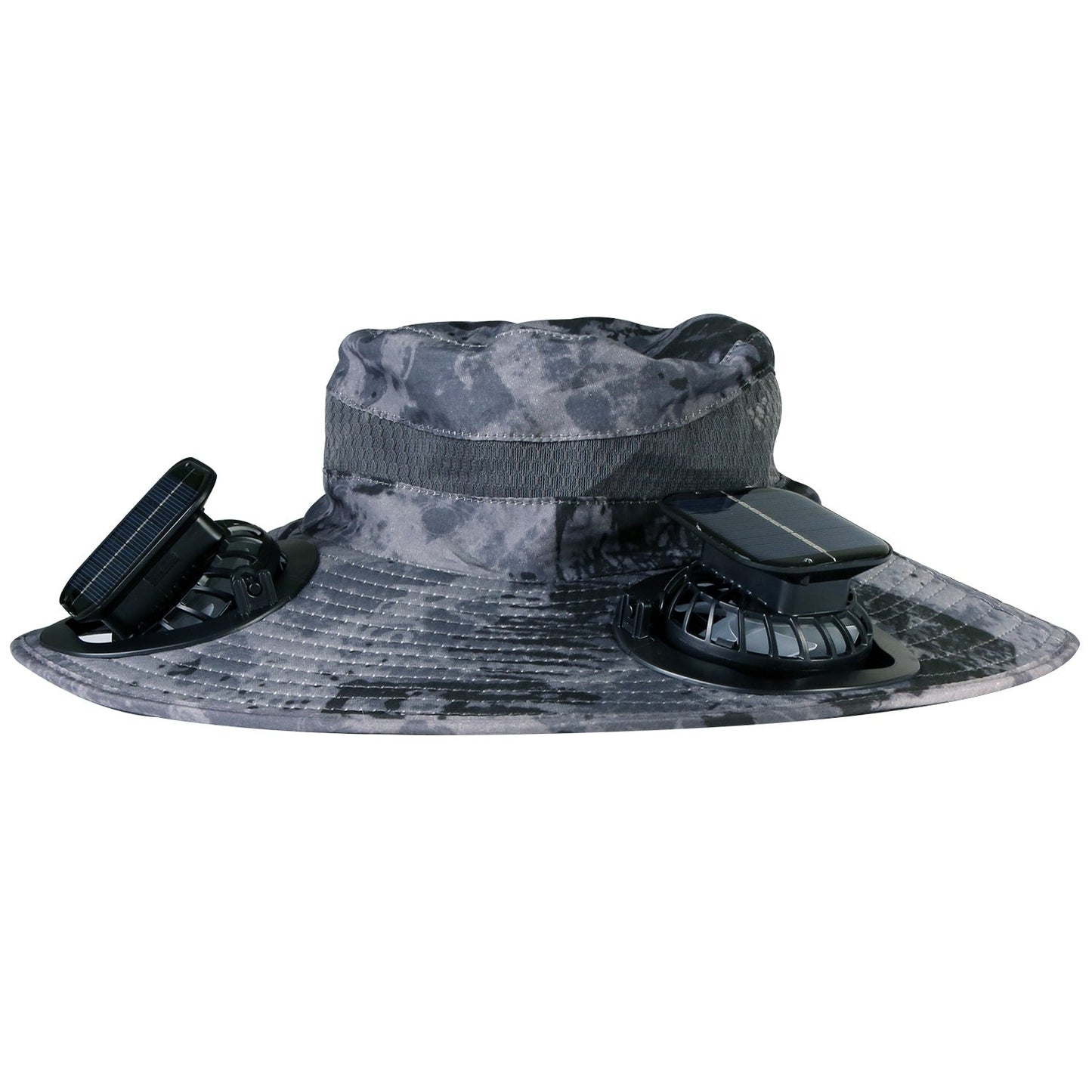 GemGear outdoor wide-brim sun hat with two solar-powered fans, side panels, gray camo nylon mesh on Tampa Home & Garden Store