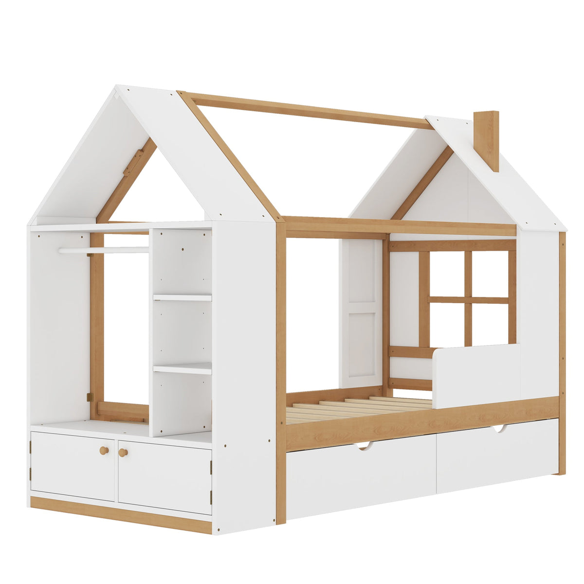 Twin size house platform bed with drawers and shelves, white with wood trim HouseOfZazla on Tampa Home & Garden Store
