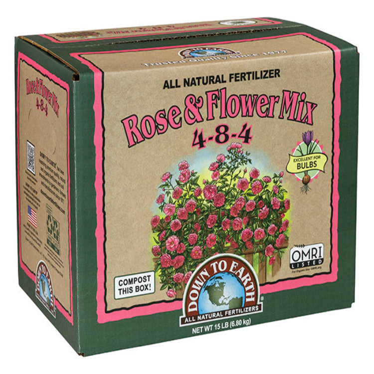 Down To Earth Rose & Flower Mix 4-8-4 all natural fertilizer box, 15 lb on Tampa Home & Garden Store