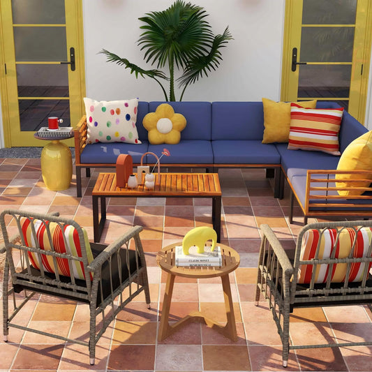 Patio Furniture Set: Patio Dining Set+Teak Wood Side Table+3 Pieces Patio Rattan Bistro Set - Tampa Home & Garden Store