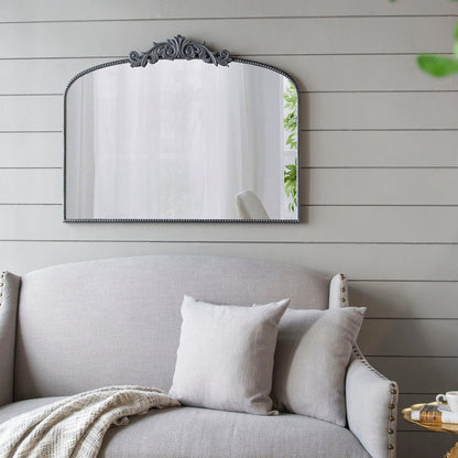 Arch mirror with ornate Baroque metal frame, silver finish and bead trim on gray wall on Tampa Home & Garden Store
