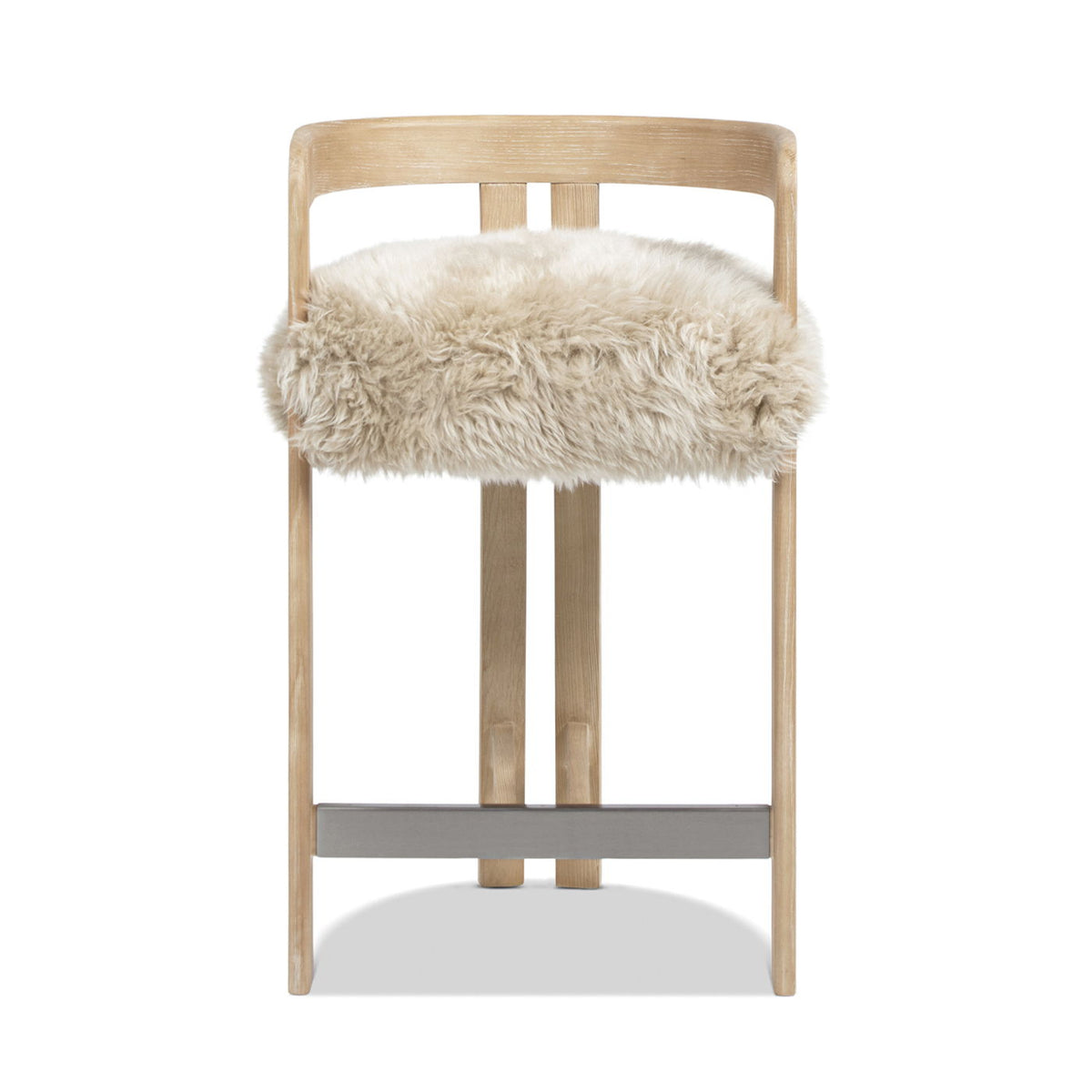 Low back counter height stool with cream sheepskin fur seat on natural wood frame on Tampa Home & Garden Store