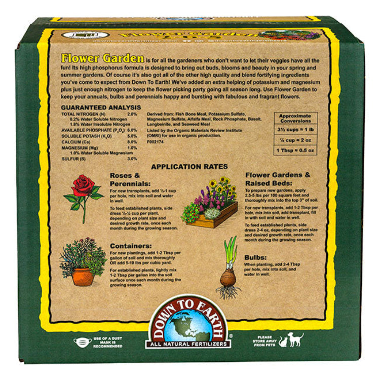 Down to Earth Flower Garden 2-6-5 fertilizer box by Rivendell Distribution, green packaging on Tampa Home & Garden Store