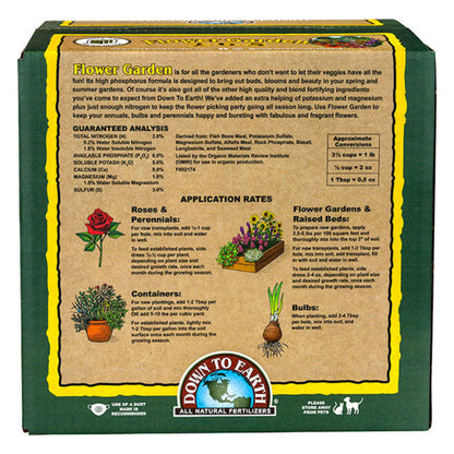 Down to Earth Flower Garden 2-6-5 fertilizer box by Rivendell Distribution, green packaging on Tampa Home & Garden Store