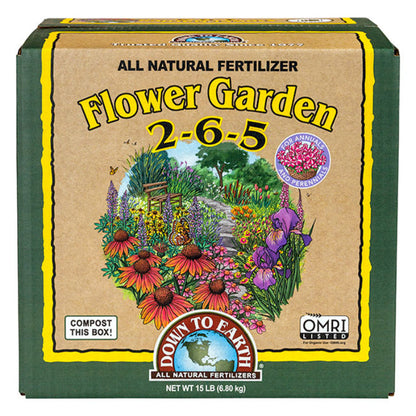 Flower Garden 2-6-5 all natural fertilizer box by Down to Earth with garden illustration on Tampa Home & Garden Store