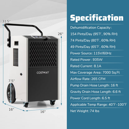 154 Pints Commercial Dehumidifier with Pump and Drain Hoses