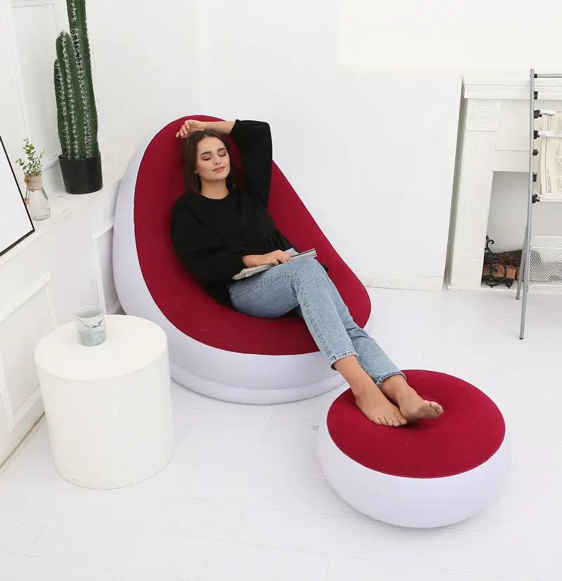 Inflatable folding bean bag sofa with red and white cover includes round ottoman on Tampa Home & Garden Store