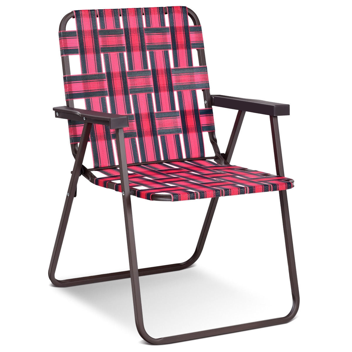GemGear folding beach chair with pink and navy webbing, brown metal frame on Tampa Home & Garden Store