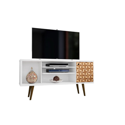 Smart Storage TV Stand by HouseOfZazla in white with solid wood legs and geometric panel on Tampa Home & Garden Store
