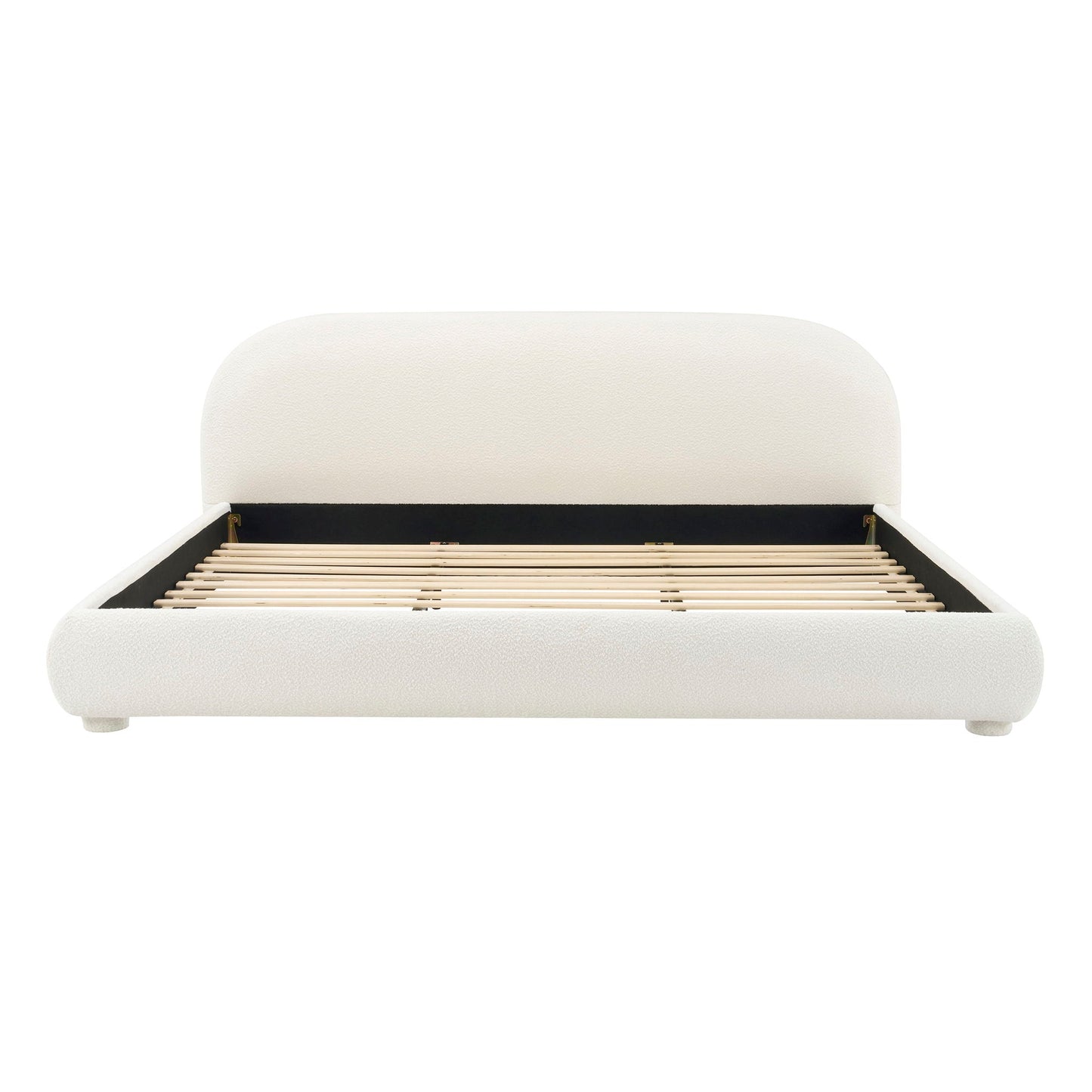 Upholstered bed by HouseOfZazla with curved headboard in beige textured fabric on Tampa Home & Garden Store
