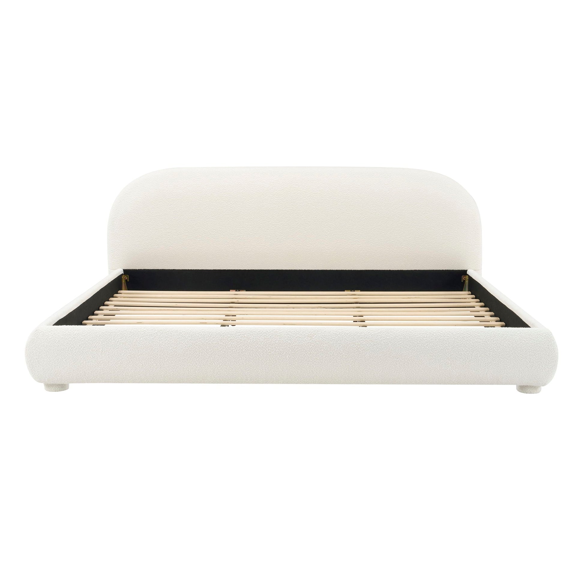 Upholstered bed by HouseOfZazla with curved headboard in beige textured fabric on Tampa Home & Garden Store