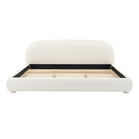 Upholstered bed by HouseOfZazla with curved headboard in beige textured fabric on Tampa Home & Garden Store