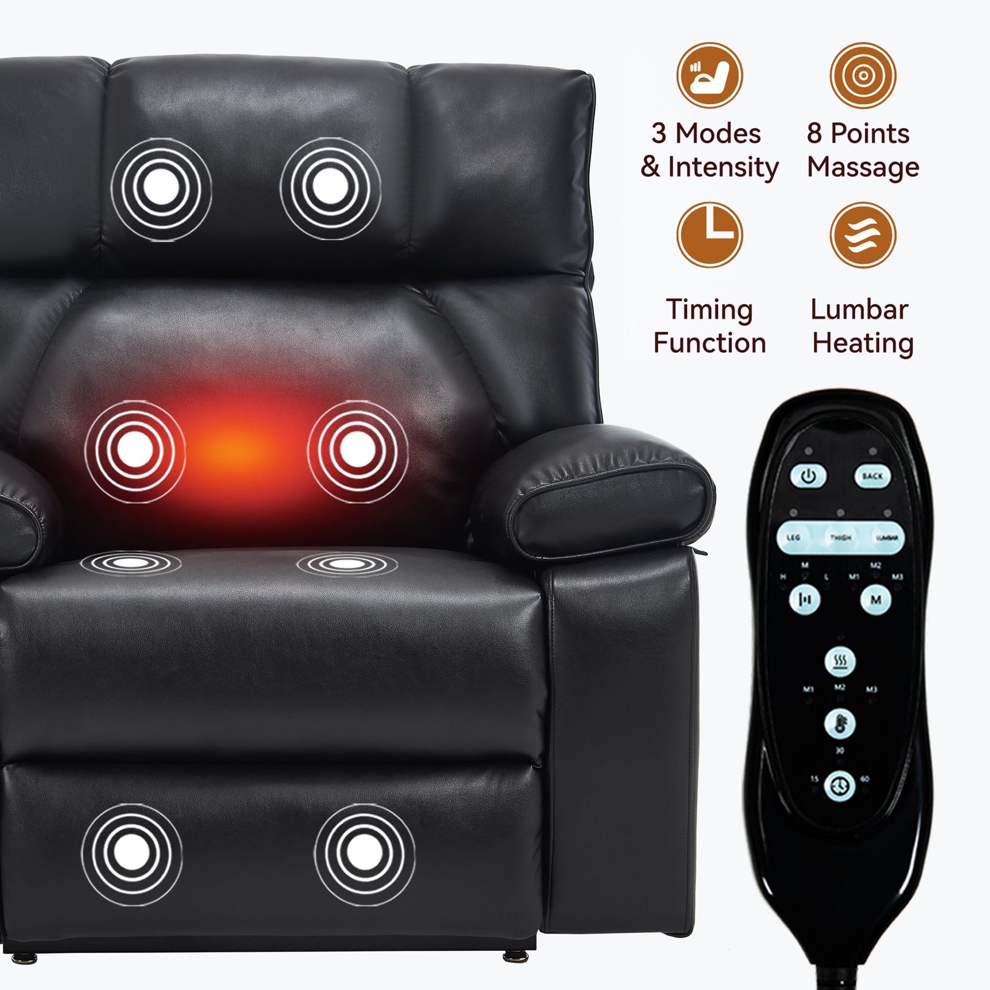 Black Leatheraire Heat Massage Recliner with built-in massage nodes and remote by HouseOfZazla on Tampa Home & Garden Store
