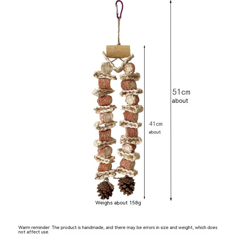 Medium and Large Parrot Grinding Mouth Toy with twin rope strands, wood discs and pinecones on Tampa Home & Garden Store
