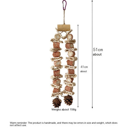 Medium and Large Parrot Grinding Mouth Toy with twin rope strands, wood discs and pinecones on Tampa Home & Garden Store