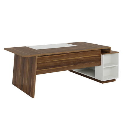 L-shaped executive desk in walnut with white storage cabinet and open shelves, corner desk on Tampa Home & Garden Store